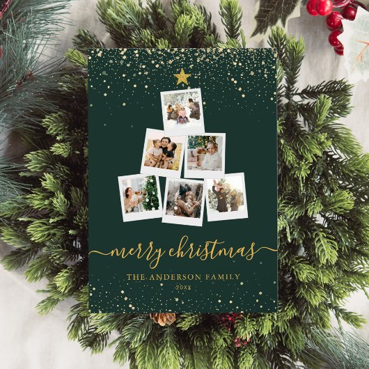 グリーンモダン金ゴールドクリスマスツリー写真コラージュ シーズンカード
