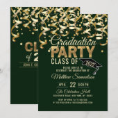 グリーンモダン金ゴールドグリッター卒業パーティー 招待状 (正面/裏面)