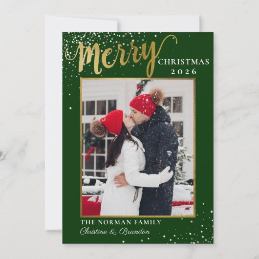 グリーンモダン金ゴールドスクリプトメリークリスマスフォト シーズンカード (正面)