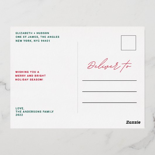 グリーンモダン金ゴールドメリークリスマス数々の写真 箔シーズンポストカード (裏面)