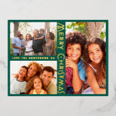 グリーンモダン金ゴールドメリークリスマス数々の写真 箔シーズンポストカード (正面)