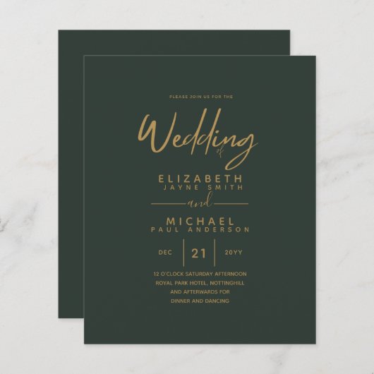 グリーンモダン金ゴールド予算の結婚式の招待 (正面/裏面)