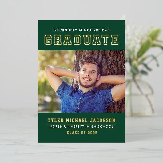 グリーンモダン金ゴールド大学院写真修士会 箔招待状 (立ち正面)