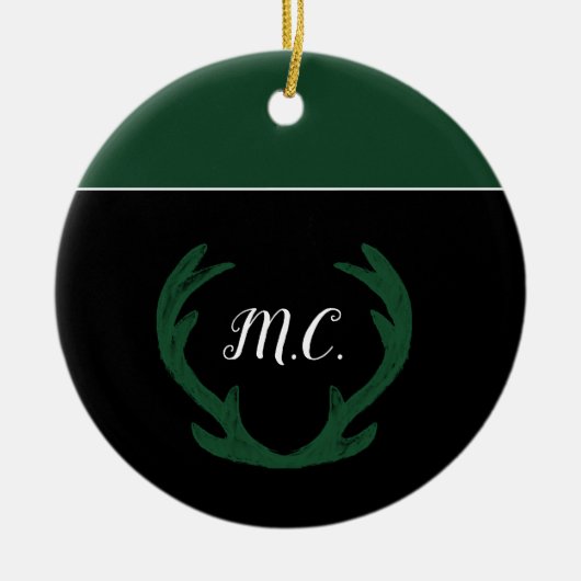 グリーンモダン鹿〔雄ジカの〕枝角モノグラム セラミックオーナメント (正面)