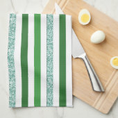 グリーンモダン&シルバーグリッターストライプズ キッチンタオル (四つ折り)