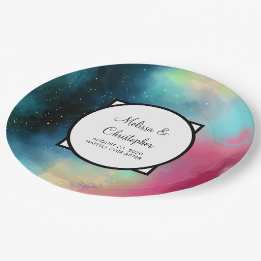 グリーンモダン&レッド宇宙ネブラウォーター色 ペーパープレート (アングル)