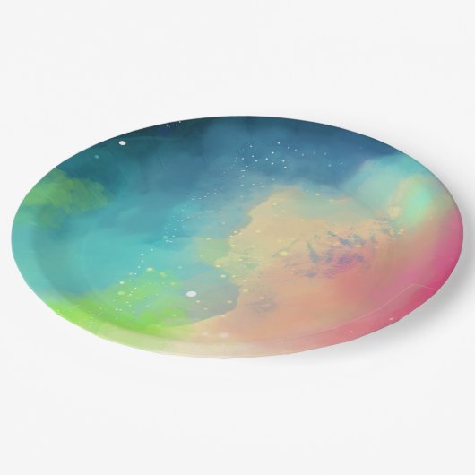 グリーンモダン&レッド宇宙ネブラウォーター色 ペーパープレート (アングル)