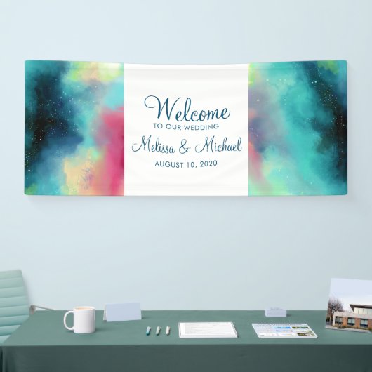 グリーンモダン&レッド宇宙ネブラウォーター色 横断幕 (トレードショー)
