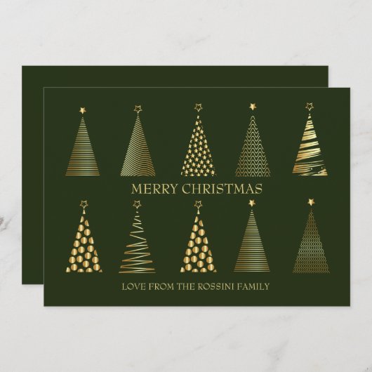 グリーンモダン&金ゴールドパーソナライズされたクリスマスツリー シーズンカード (正面/裏面)