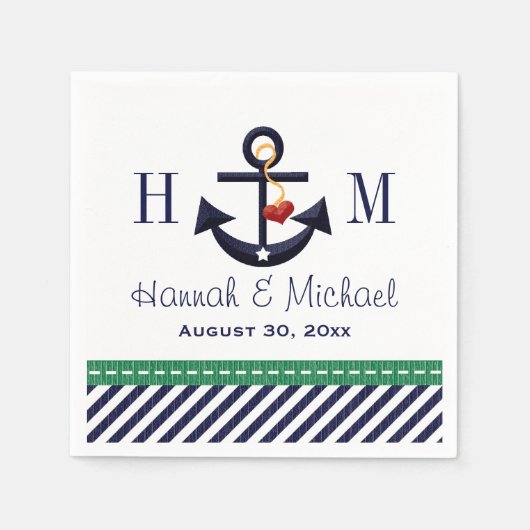 グリーンモノグラムのアンド海軍いかり航海の結婚ズ スタンダードカクテルナプキン (正面)