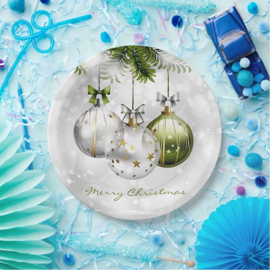 グリーンモノグラムのシルバー金ゴールドクリスマスオーナメント ペーパープレート (パーティー)