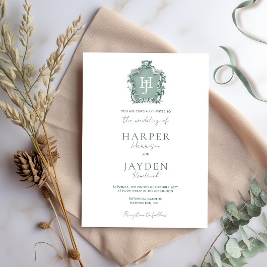 グリーンモノグラムタイムレスフォーマルエレガンス結婚ズ 招待状