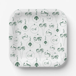 グリーンモノグラムボーブルパターンスクエアクリスマス ペーパープレート