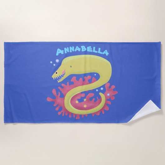 グリーンモレイウナギおもしろいアニメイラストレーション ビーチタオル (正面)