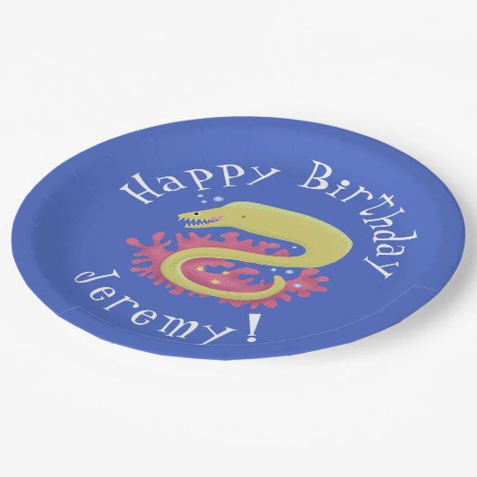 グリーンモレイウナギおもしろいアニメイラストレーション ペーパープレート (アングル)