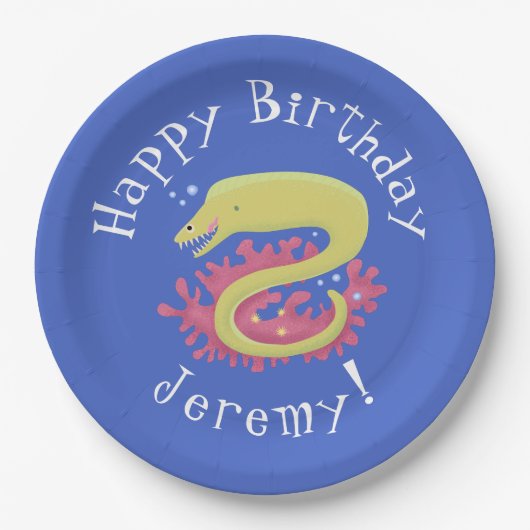 グリーンモレイウナギおもしろいアニメイラストレーション ペーパープレート (正面)