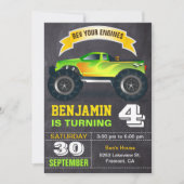 グリーンモンスタートラックの子供の誕生日パーティー 招待状 (正面)