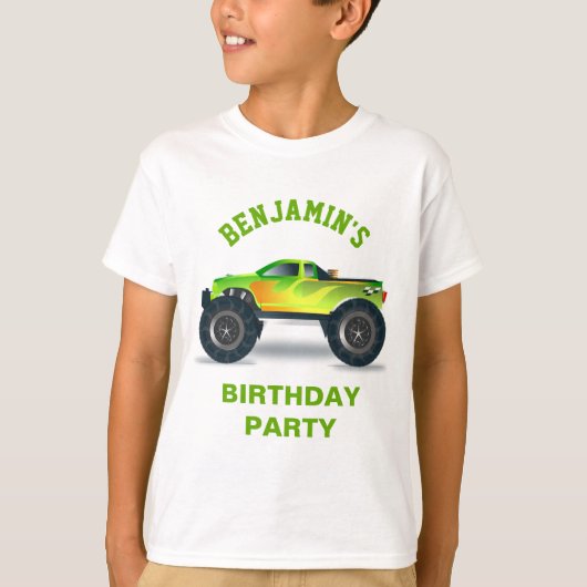 グリーンモンスタートラックの子供の誕生日パーティー Tシャツ (正面)