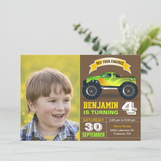 グリーンモンスタートラックキッズフォトバースデーパーティー 招待状 (スタンド正面)