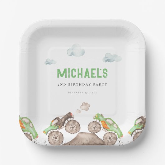 グリーンモンスタートラックジャム誕生日 ペーパープレート (正面)