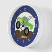 グリーンモンスタートラック海軍ブルー縁どキッズ 壁時計 (傾斜)