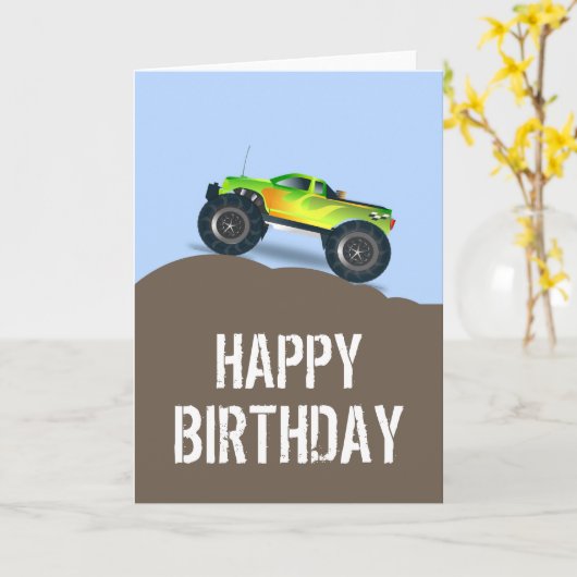 グリーンモンスタートラック誕生日スペアタイヤ誕生日  カード (黄色い花)