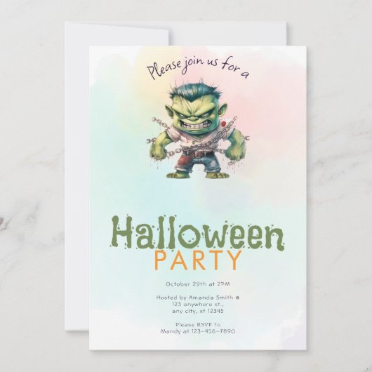 グリーンモンスター水彩グリーンハロウィンパーティー 招待状 (正面)