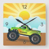 グリーンモンスター·トパーソナライズされたラックにキッズ·ルーム スクエア壁時計 (正面)