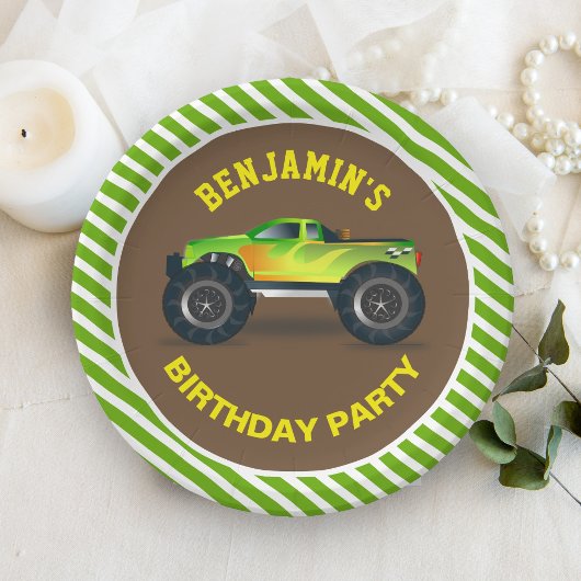 グリーンモンスター トラックの子供の誕生日パーティー ペーパープレート