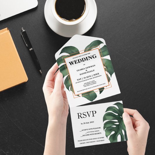 グリーンモンステラの葉すべて1つの結婚式の招待 オールインワン招待状