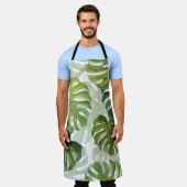 グリーンモンステラ熱帯水色 エプロン (着用した状態)
