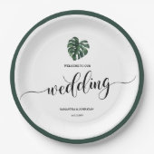 グリーンモンステラ結婚リーフの歓迎紙プレート ペーパープレート (正面)