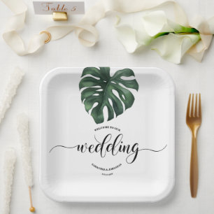 グリーンモンステラ結婚リーフの歓迎紙プレート ペーパープレート
