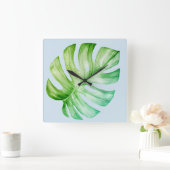 グリーンモンステラ葉植物性トロピカルブルー スクエア壁時計 (ホーム)