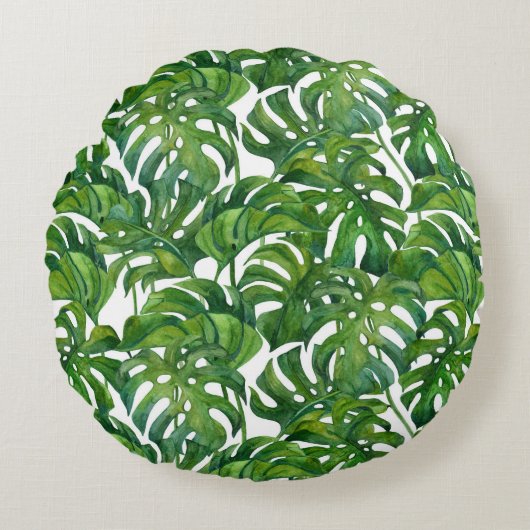 グリーンモンステ葉ラ熱帯シームレス ラウンドクッション (正面)