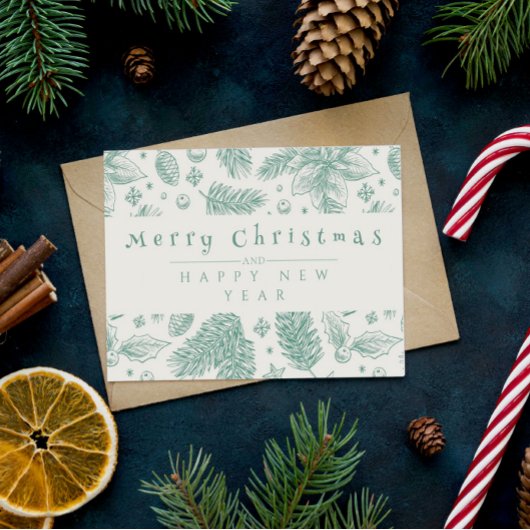 グリーンユニークフローララインアートメリークリスマス シーズンカード