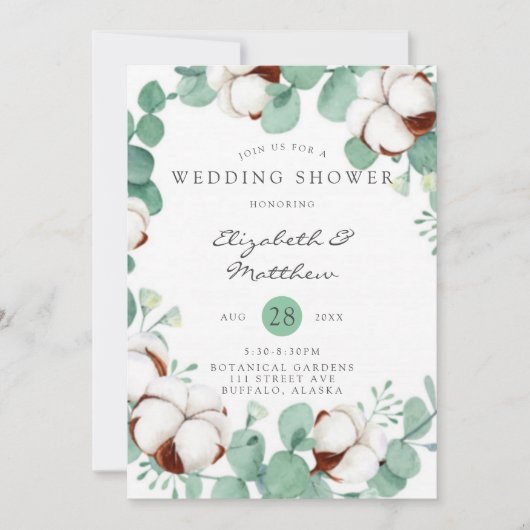 グリーンユーカリとコットンウェディングシャワーインビタ 招待状 (正面)