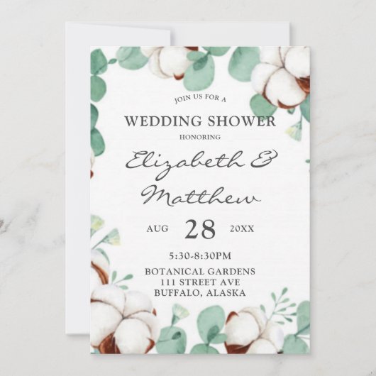 グリーンユーカリとコットンウェディングシャワー 招待状 (正面)