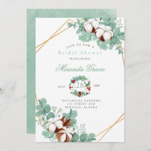 グリーンユーカリとコットンブライダルシャワー 招待状 (正面/裏面)