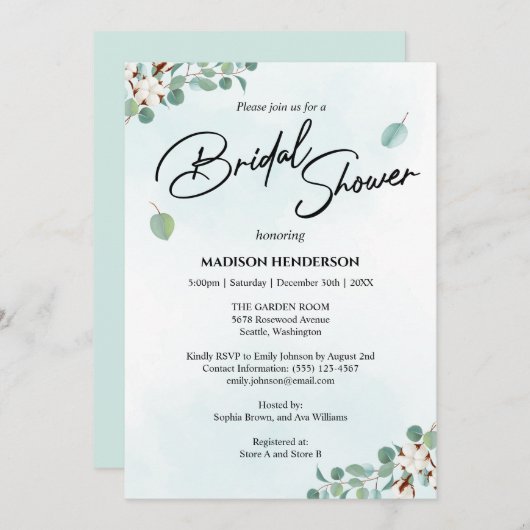 グリーンユーカリと綿花ブライダルシャワー 招待状 (正面/裏面)