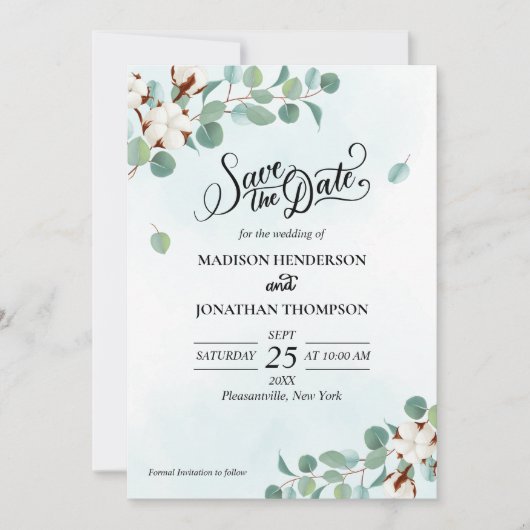 グリーンユーカリと綿花結婚式の日付を保存 招待状 (正面)