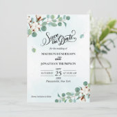 グリーンユーカリと綿花結婚式の日付を保存 招待状 (スタンド正面)