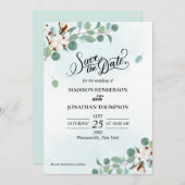 グリーンユーカリと綿花結婚式の日付を保存 招待状 (正面/裏面)