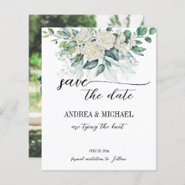 グリーンユーカリの白いバラは日付を保存