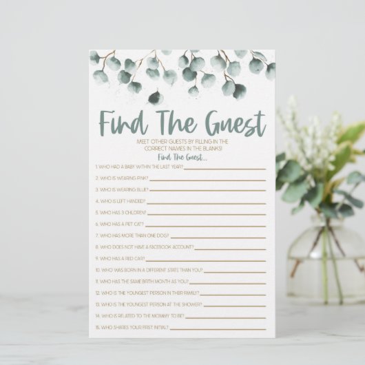 グリーンユーカリはゲストベビーシャワーゲームを見つける 便箋 (スタンド正面)