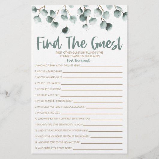 グリーンユーカリはゲストベビーシャワーゲームを見つける 便箋 (正面)