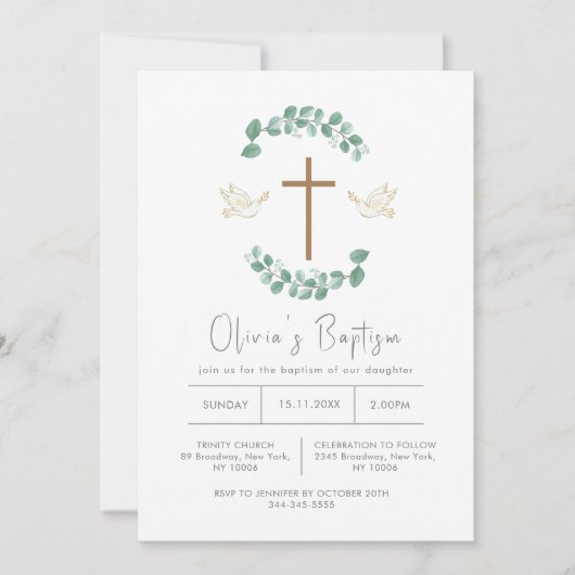 グリーンユーカリプタスバードクロス《キリスト教》洗礼式や命名式バプテスマ 招待状 (正面)