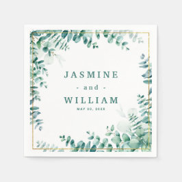 グリーンユーカリプトゥススクエアフレームボーダー結婚ズ スタンダードカクテルナプキン