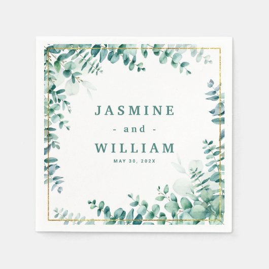 グリーンユーカリプトゥススクエアフレームボーダー結婚ズ スタンダードカクテルナプキン (正面)
