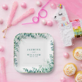 グリーンユーカリプトゥススクエアフレームボーダー結婚ズ ペーパープレート (パーティー)